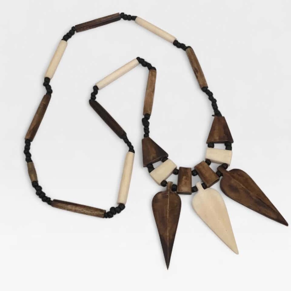 Vintage Wood Mother of Pearl Tribal Boho Necklace